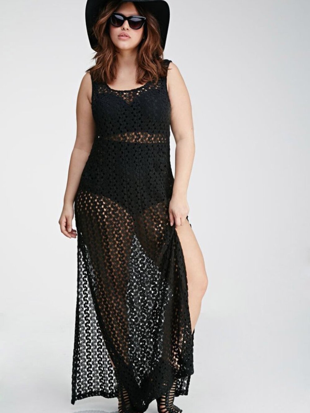 Forever 21 Plus Boho Floral Crochet High-Slit Maxi Dress Swim Cover Up XL